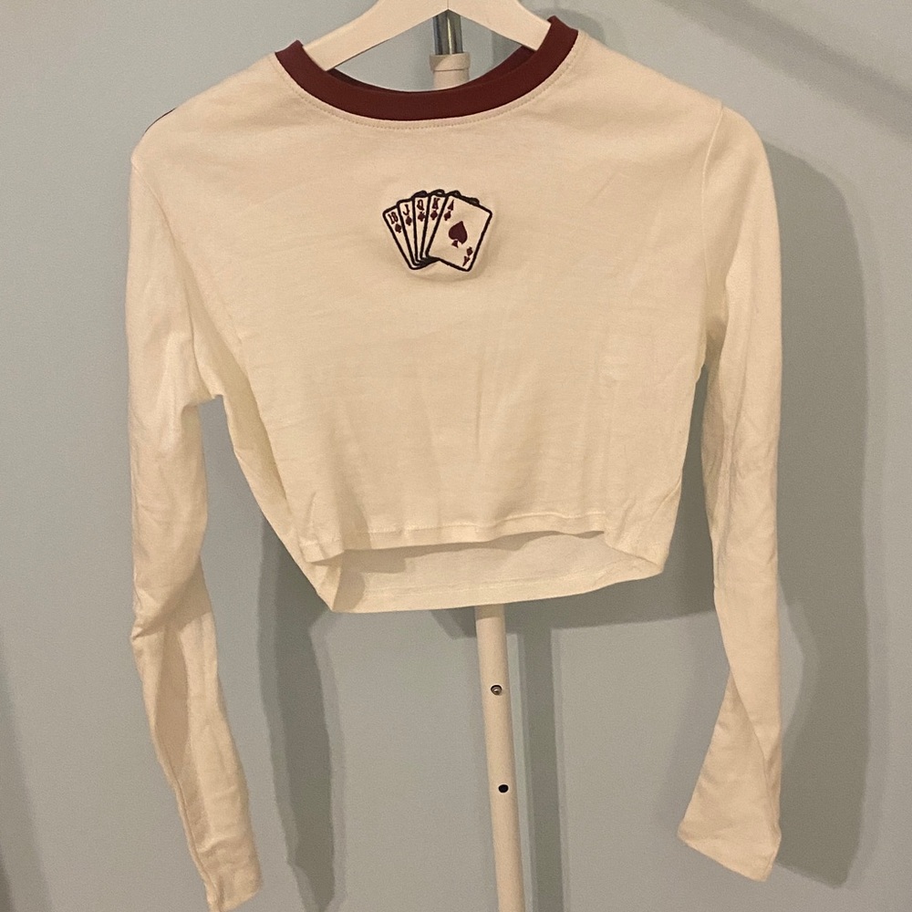 Cream Long Sleeve Crop Top with Card Design